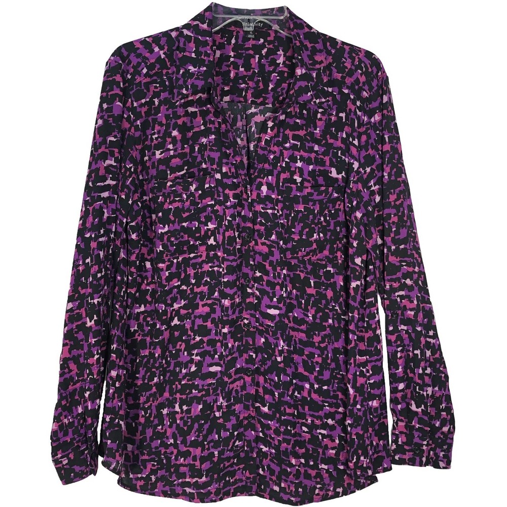 Relativity Tops Womens Sz Xl Purple Black Printed Roll-Tab Sleeve Button-Up-241